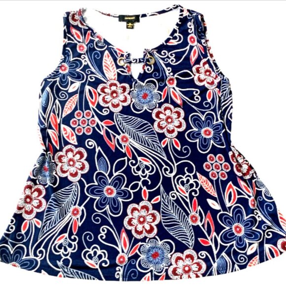 Espresso Mod Swing Tank Top Cutout Neck Grommets Sz M Floral Red White Blue #23H - Picture 2 of 8
